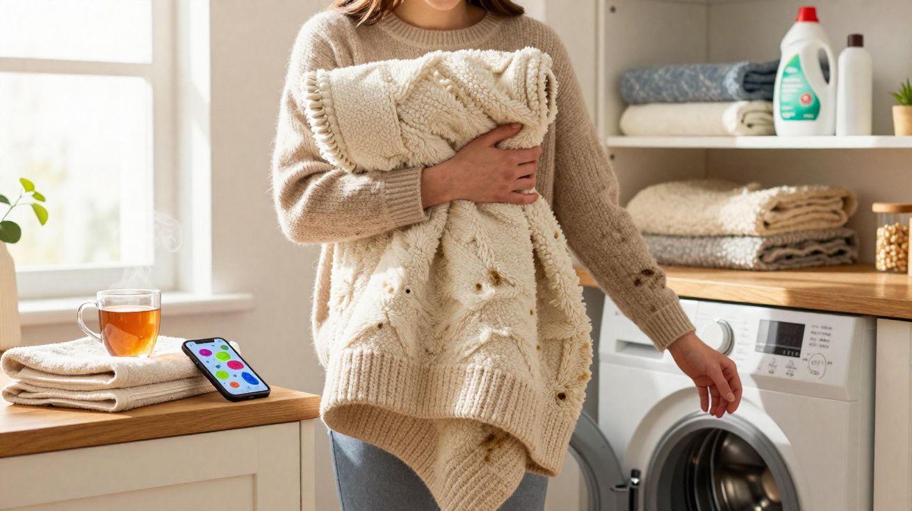 Pessoa segurando cobertor bege de lã na lavanderia, ao lado de máquina de lavar roupa aberta.