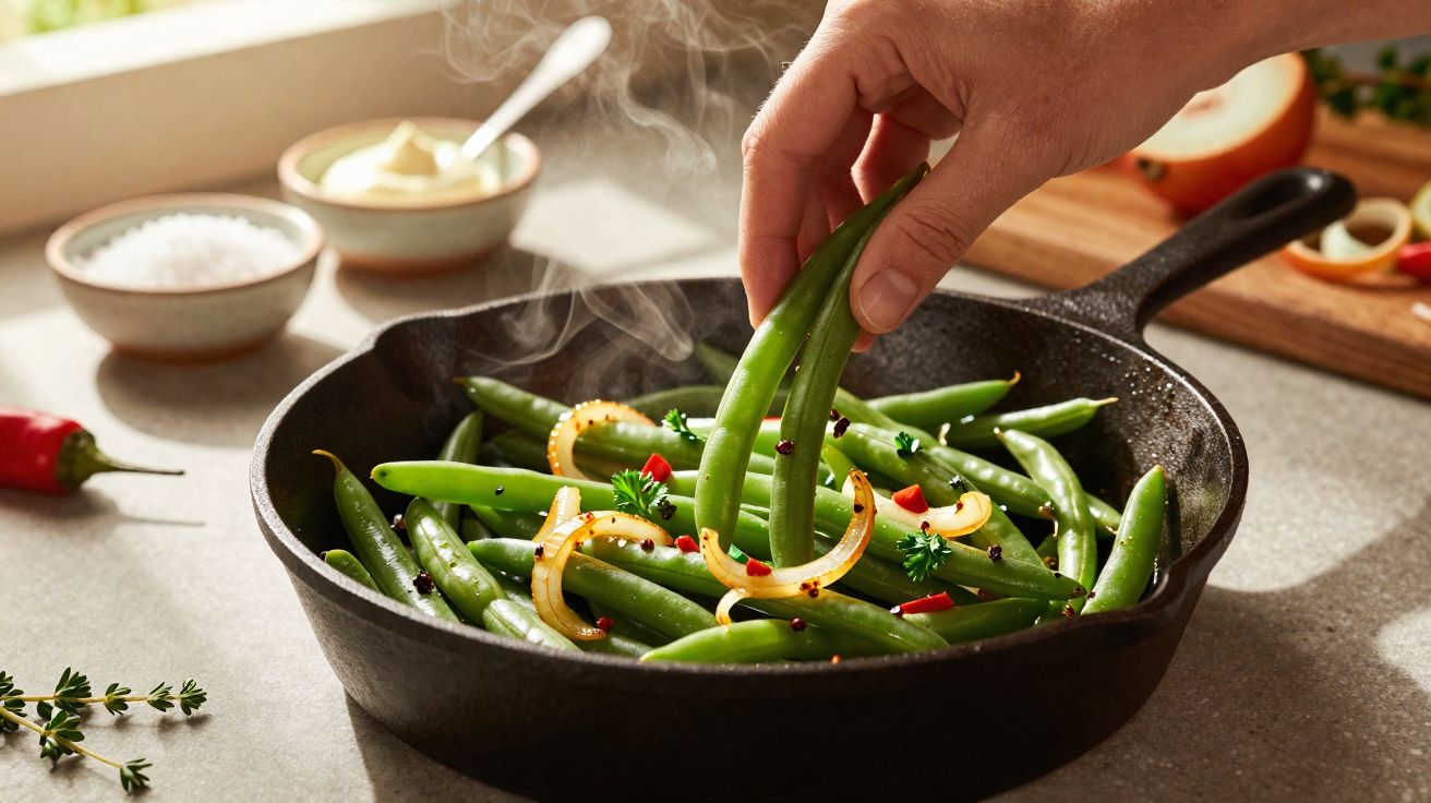 Mão pegando vagens verdes frescas refogadas com cebola, pimenta e ervas em frigideira quente.