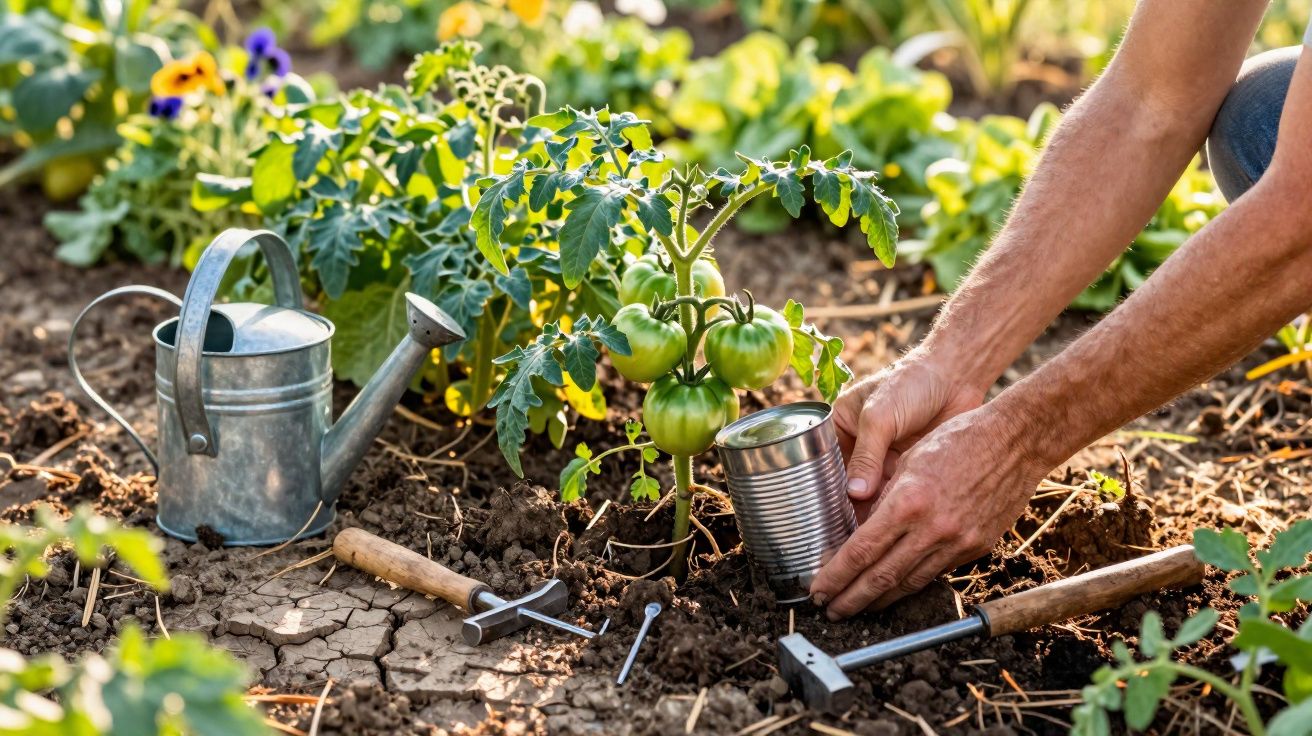 Pessoa plantando tomates verdes em uma horta com regador e ferramentas ao redor.
