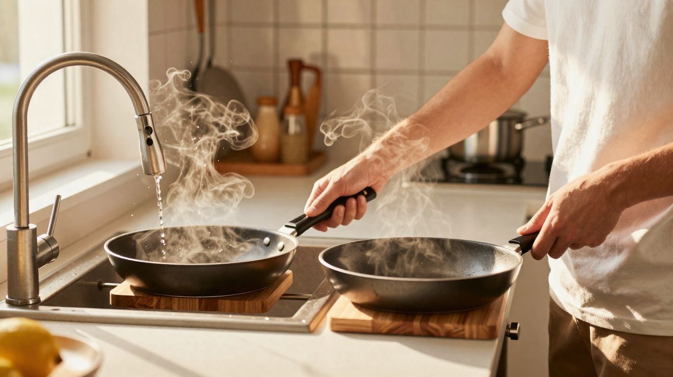 Pessoa colocando água quente em panelas com vapor sobre bancada de cozinha iluminada pelo sol.