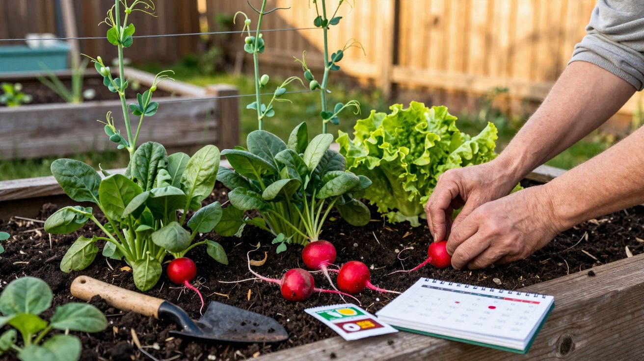 Pessoa colhendo rabanetes em horta elevada com alface, folhas verdes e ferramentas de jardinagem.