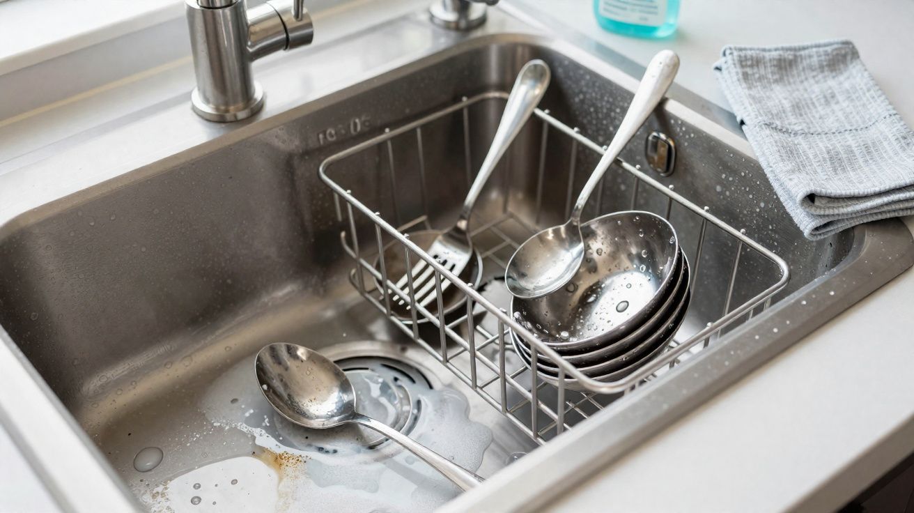 Pia de cozinha com utensílios molhados e escorredor de pratos com talheres e pequenas tigelas.