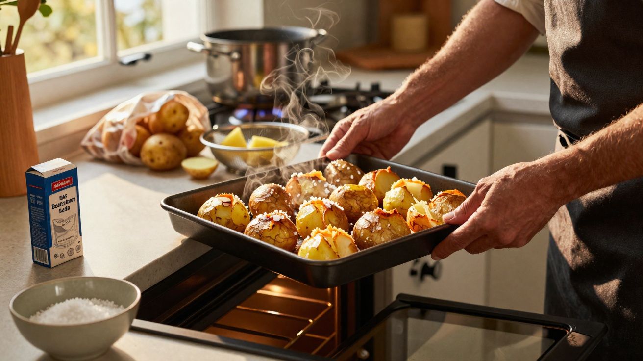 Pessoa retirando batatas assadas com sal grosso de uma assadeira quente em cozinha iluminada.