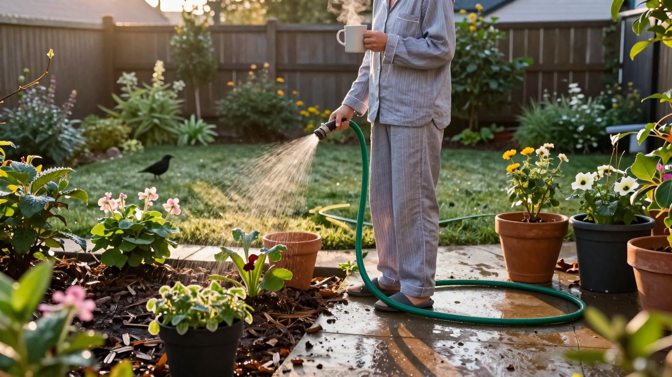 Pessoa em pijama regando plantas com mangueira enquanto segura uma xícara em jardim doméstico.