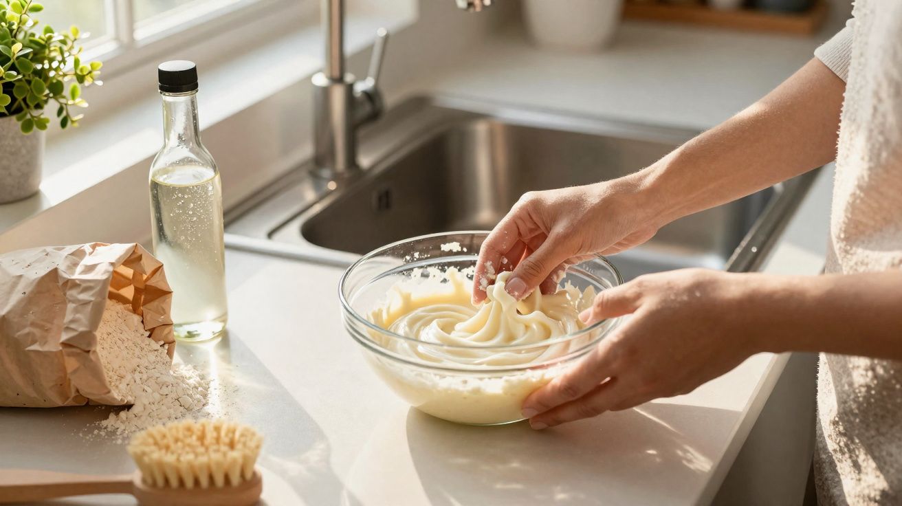 Mãos femininas preparando uma mistura cremosa em bowl de vidro na bancada de cozinha iluminada pelo sol.