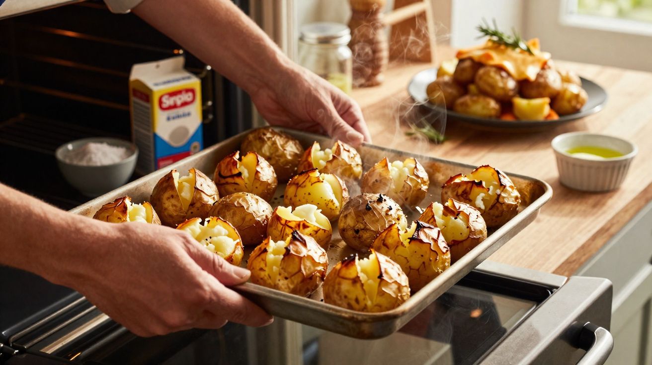 Pessoa tirando assadeira com batatas assadas e quentes do forno em cozinha iluminada.