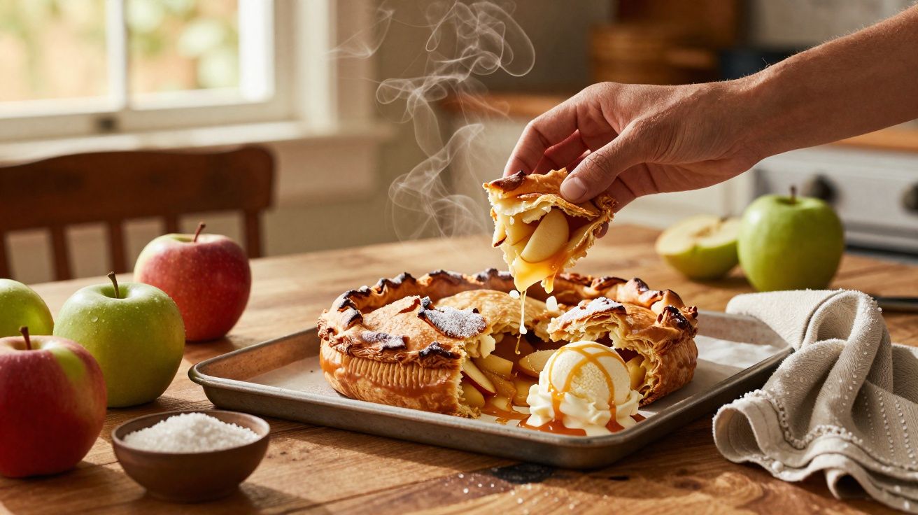 Torta de maçã quente com sorvete e calda, pedaço sendo levantado por uma mão, maçãs frescas ao redor na mesa.
