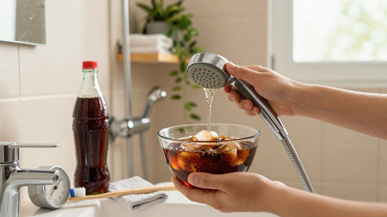 Pessoa lavando uma tigela de vidro com refrigerante e gelo usando chuveiro na pia do banheiro.