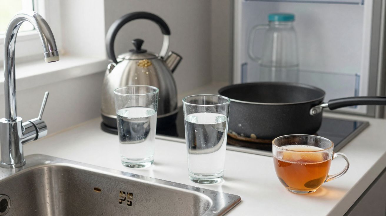 Pia de cozinha com duas copos de água, bule, panela e xícara de chá sobre a bancada branca.