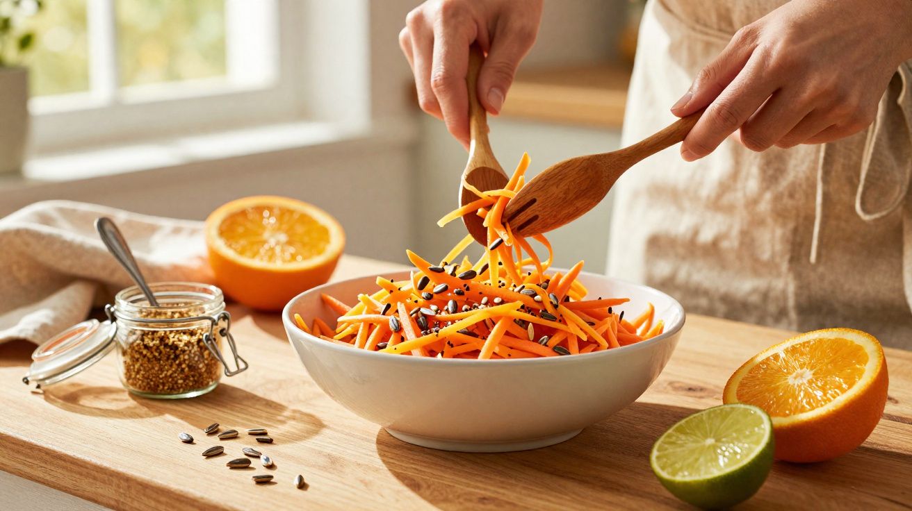 Pessoa preparando salada de cenoura com sementes, laranja e limão em bancada de madeira.
