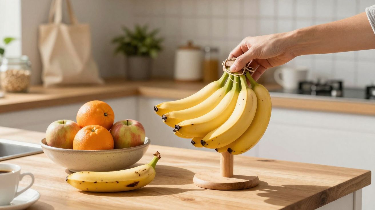 Mão segurando cacho de bananas em suporte de madeira, com frutas e xícara sobre mesa na cozinha.