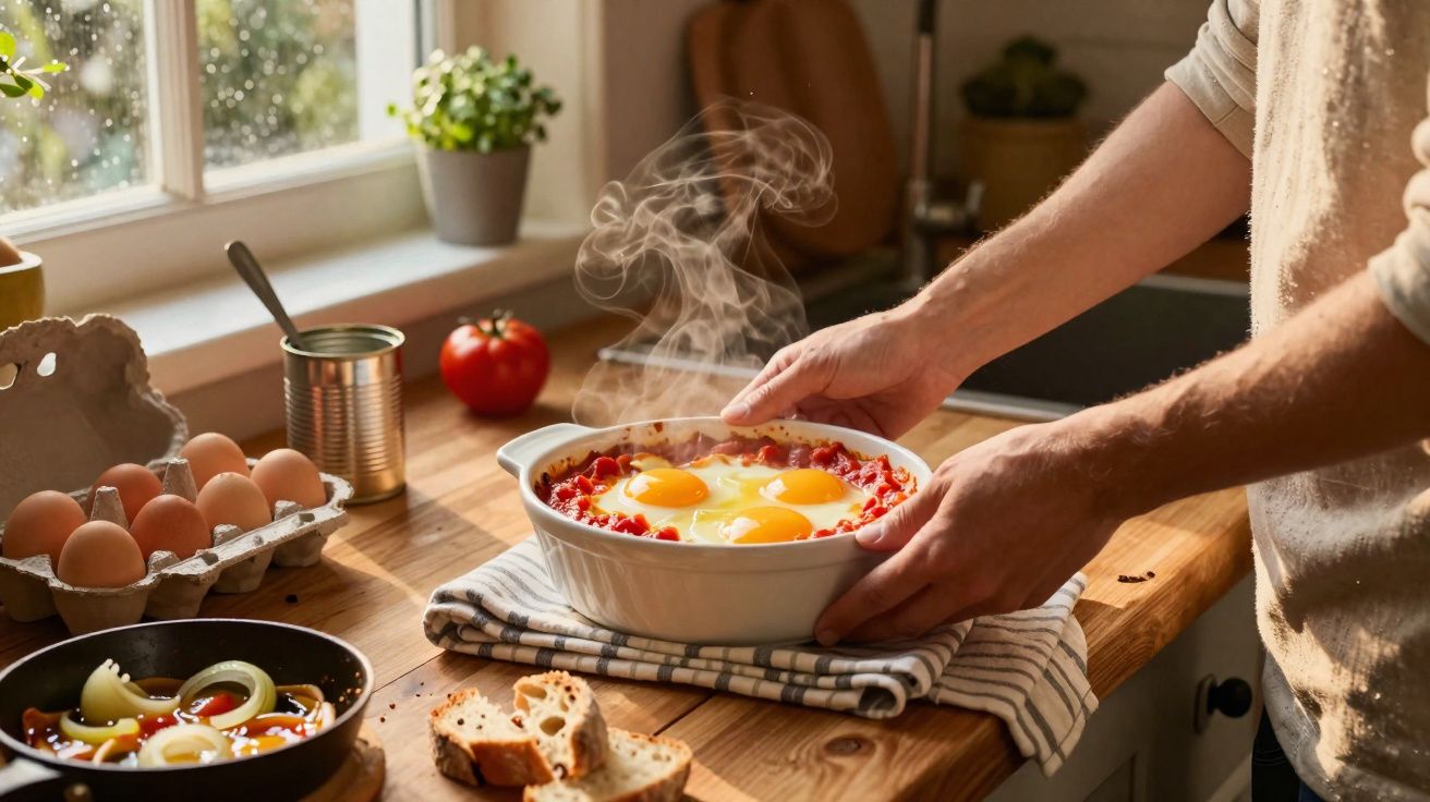 Pessoa segurando prato fumegante com ovos cozidos em molho de tomate em uma cozinha iluminada.