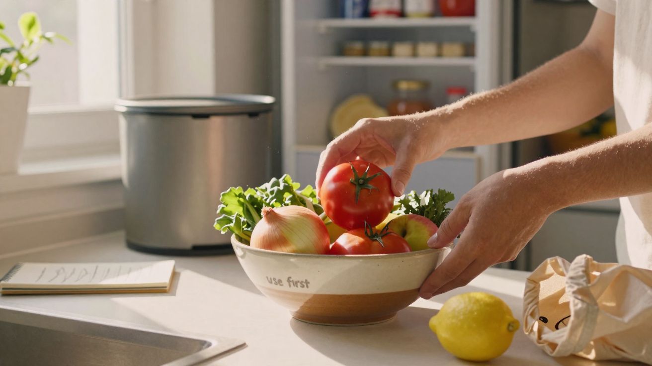 Mãos pegando tomate em tigela com legumes sobre bancada de cozinha iluminada pelo sol.