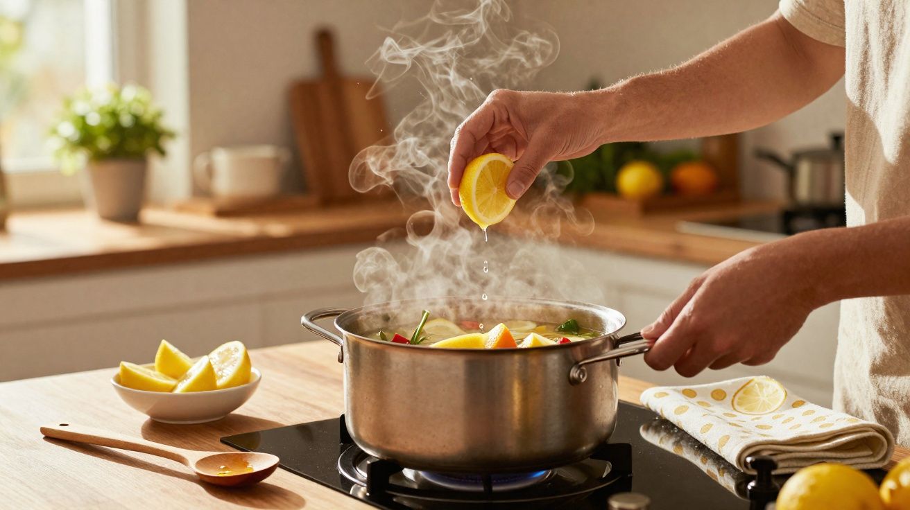 Pessoa espremendo limão em panela com caldo fumegante em fogão, cozinha iluminada ao fundo.
