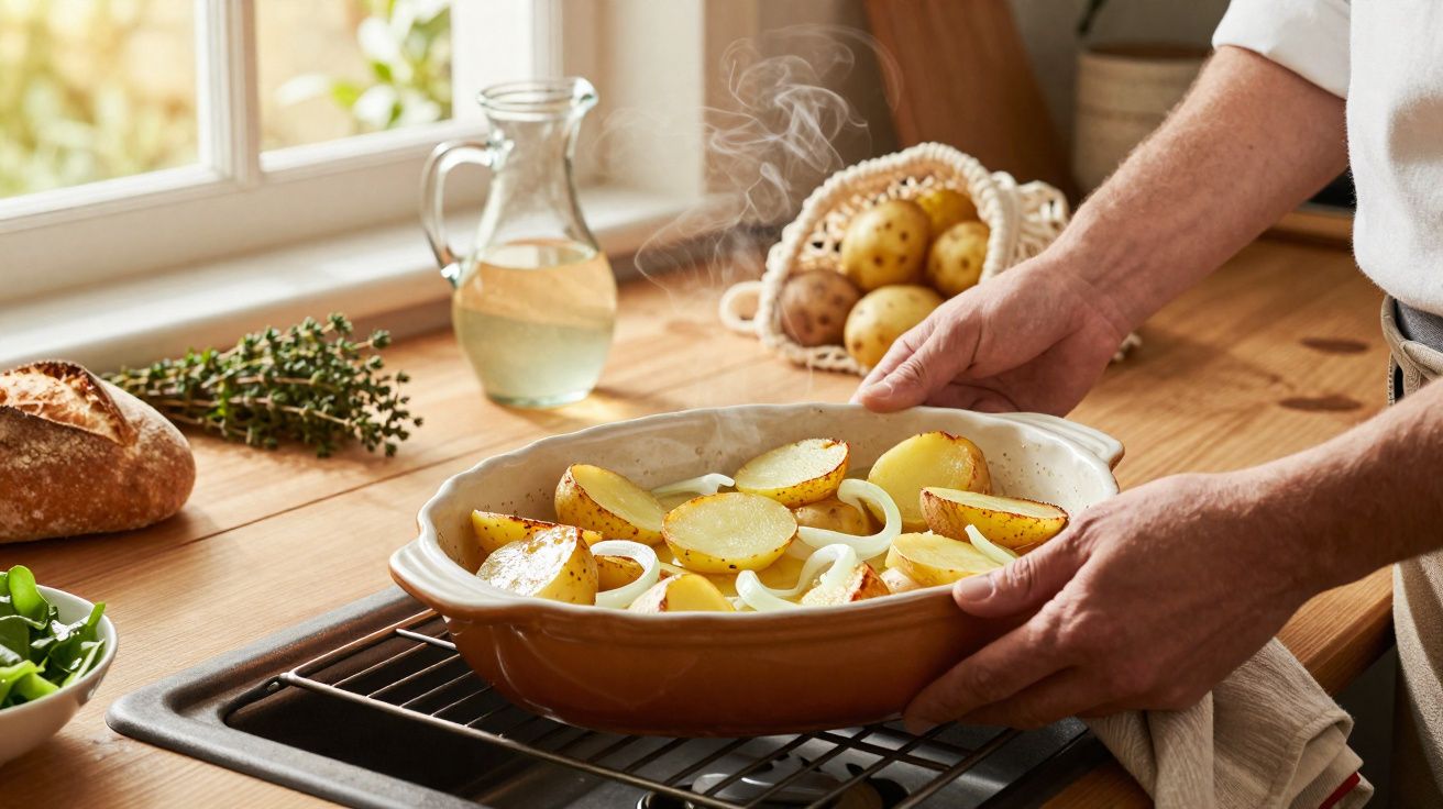 Pessoa segurando refratário com batatas assadas e cebolas próximo a bancada de cozinha iluminada.