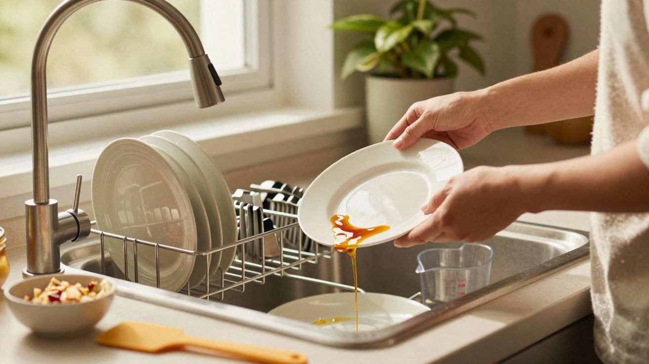 Pessoa lavando prato branco na pia com escorredor e utensílio de cozinha ao lado.