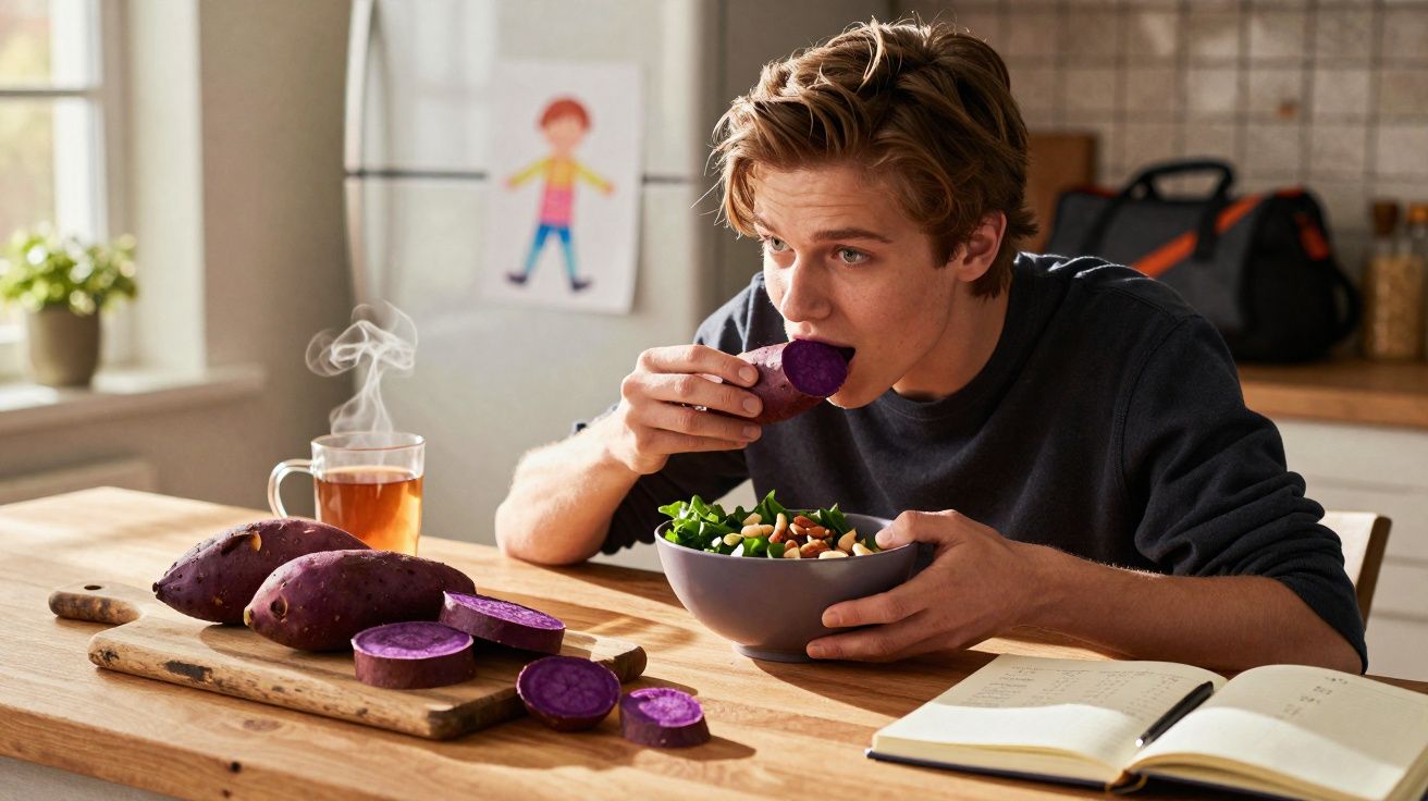 Jovem comendo batata-doce roxa ao lado de uma tigela de salada e chá quente na mesa da cozinha.