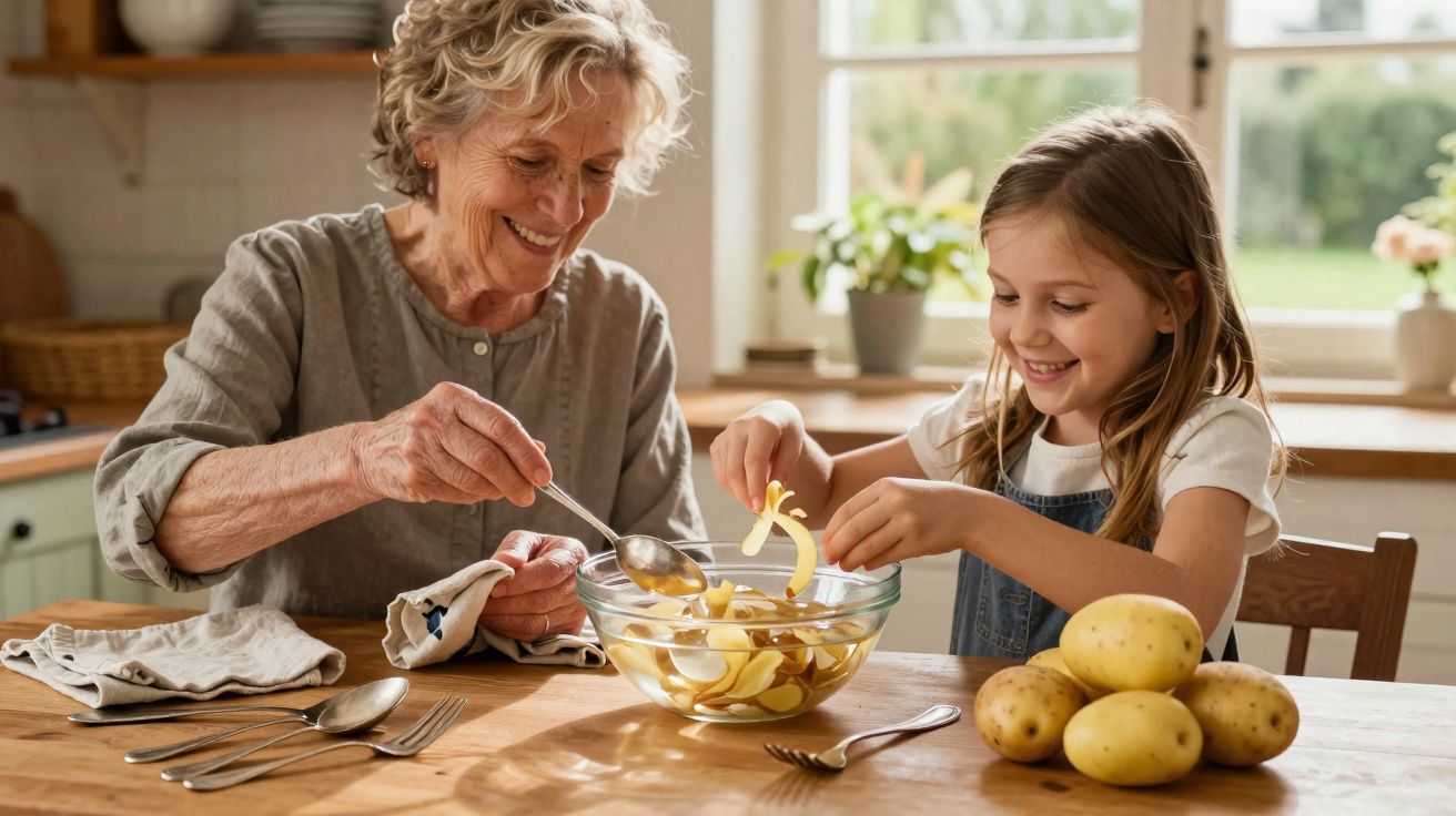 Avó e neta descascando batatas juntas em uma cozinha iluminada e aconchegante.
