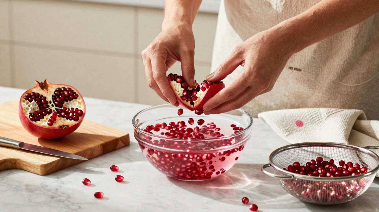 Mãos extraindo sementes de romã dentro de uma tigela de vidro, com metade da fruta e peneira ao lado.