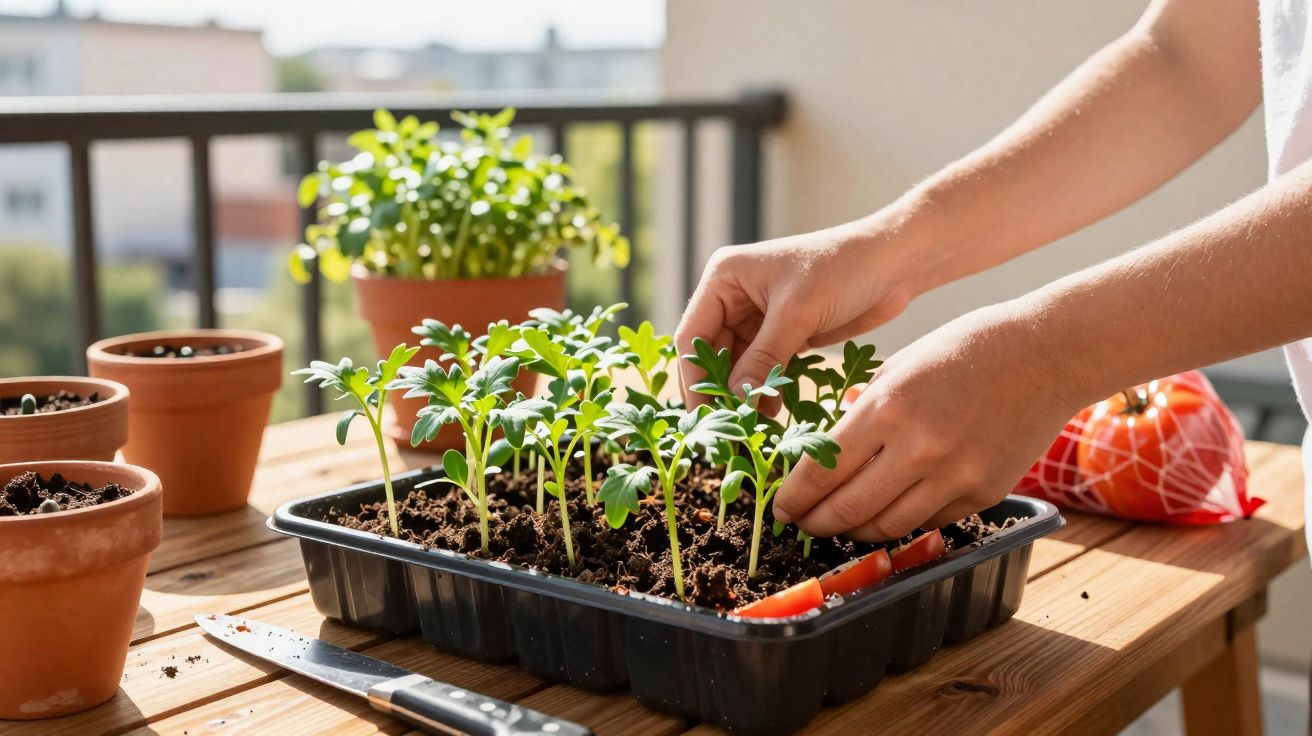 Mãos cuidando de mudas verdes em bandeja com terra, vasos de barro e tomate em mesa de madeira.