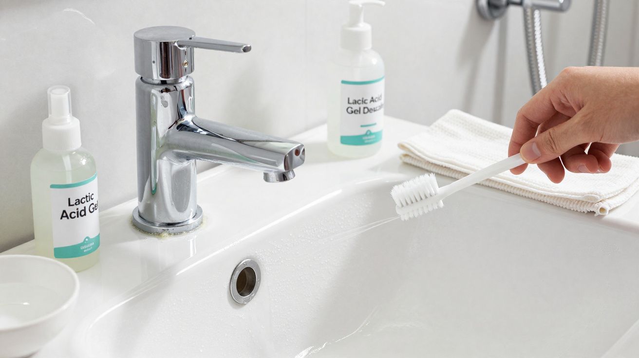 Mão segurando escova de dentes sobre pia branca com torneira e frascos de gel ácido lático ao fundo.