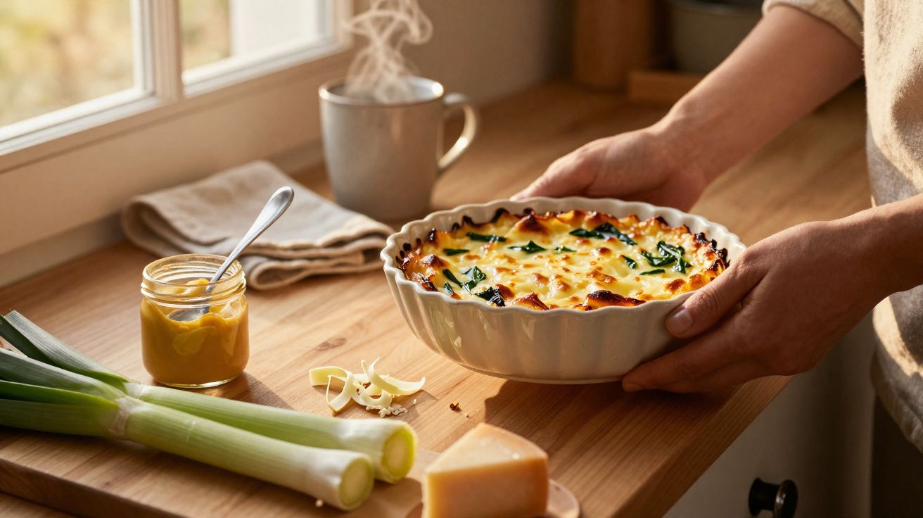 Pessoa segurando travessa com gratinado ao lado de alho-poró, queijo e mostarda em bancada de madeira.