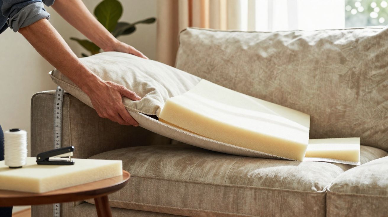 Pessoa colocando espuma em capa de almofada em sofá bege em ambiente com luz natural.