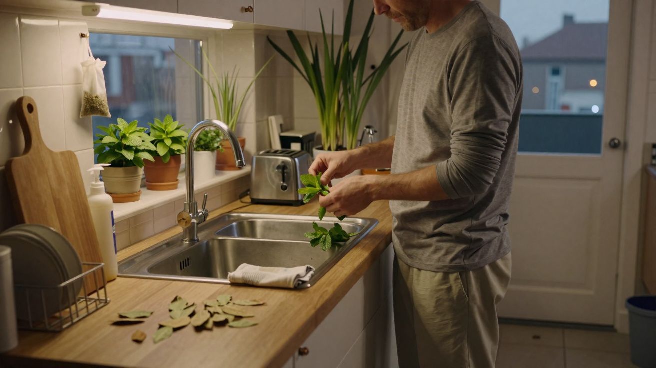 Homem preparando ervas frescas na bancada da cozinha ao lado da pia com plantas em vasos.