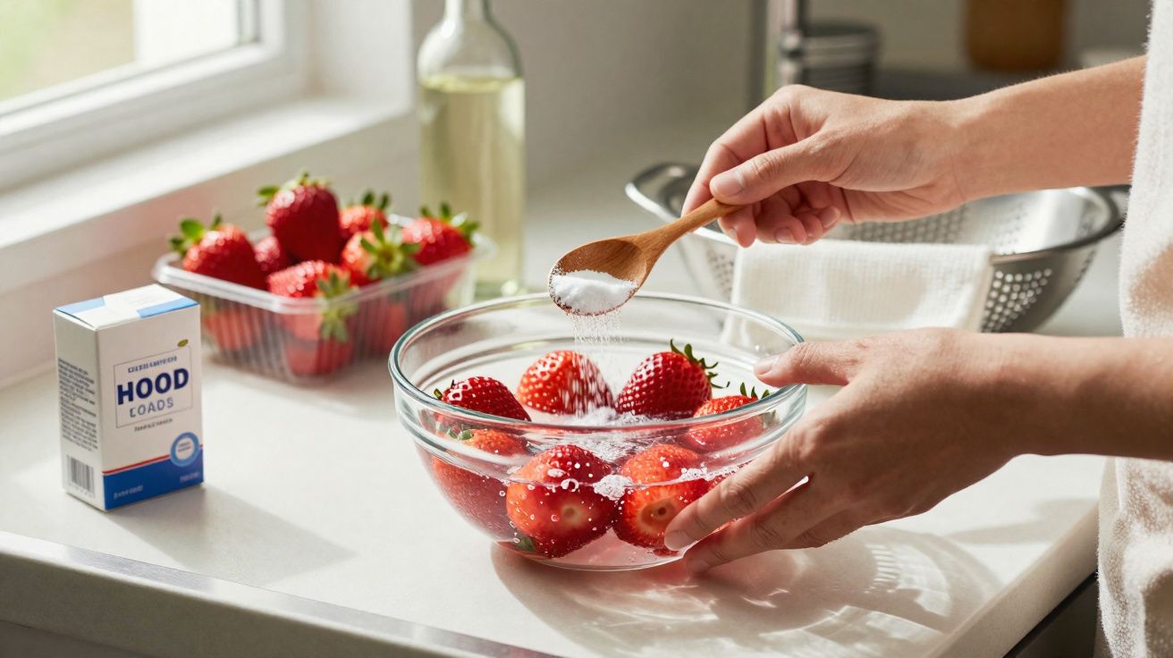 Mãos polvilhando sal em morangos em uma tigela de vidro sobre bancada branca próximo à janela.