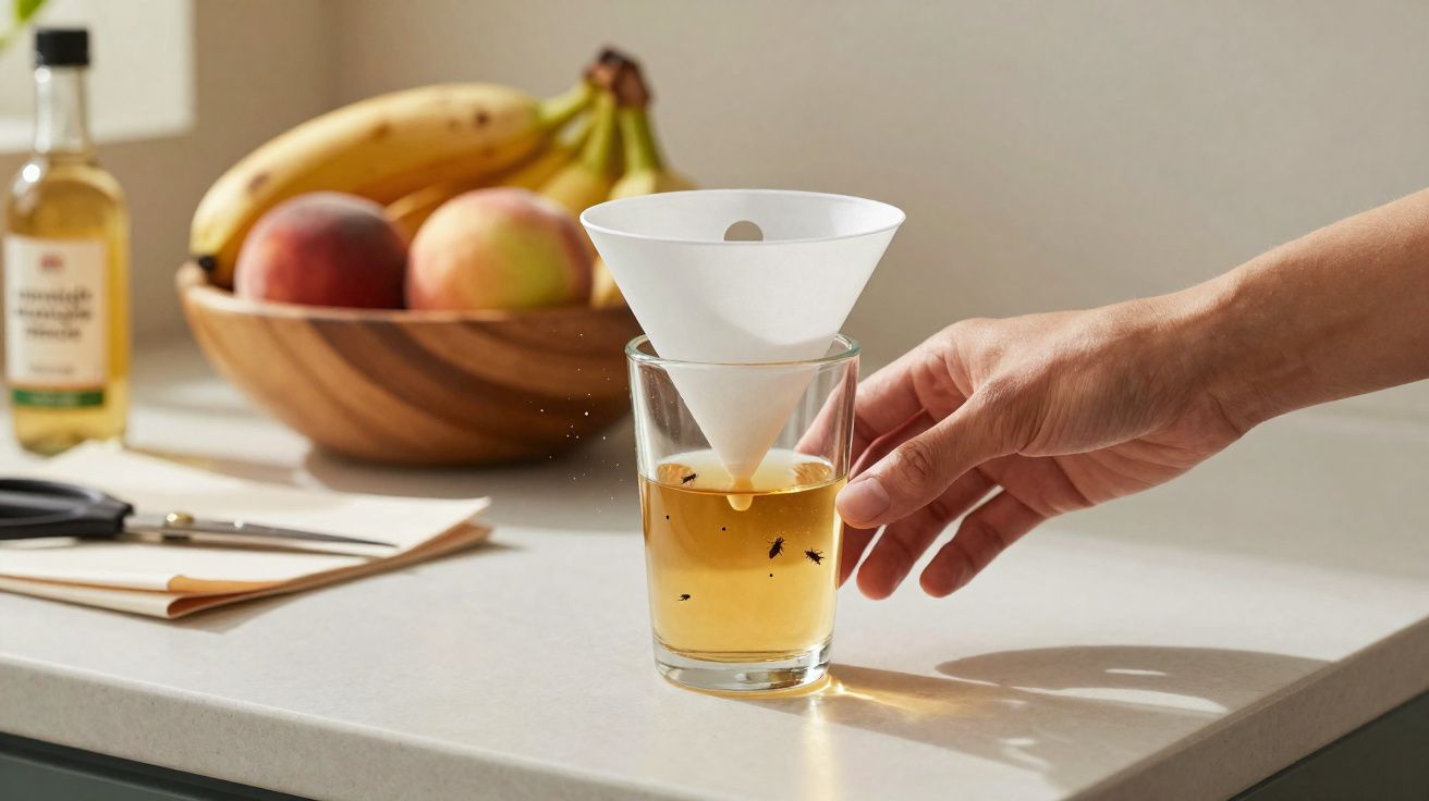 Mão segurando copo com filtro para capturar moscas em balcão de cozinha com frutas ao fundo.