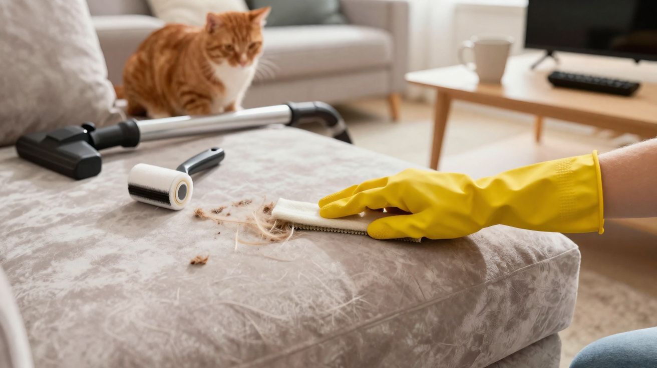 Pessoa de luvas amarelas removendo pelos de gato do sofá cinza com escova, gato laranja ao fundo observando.