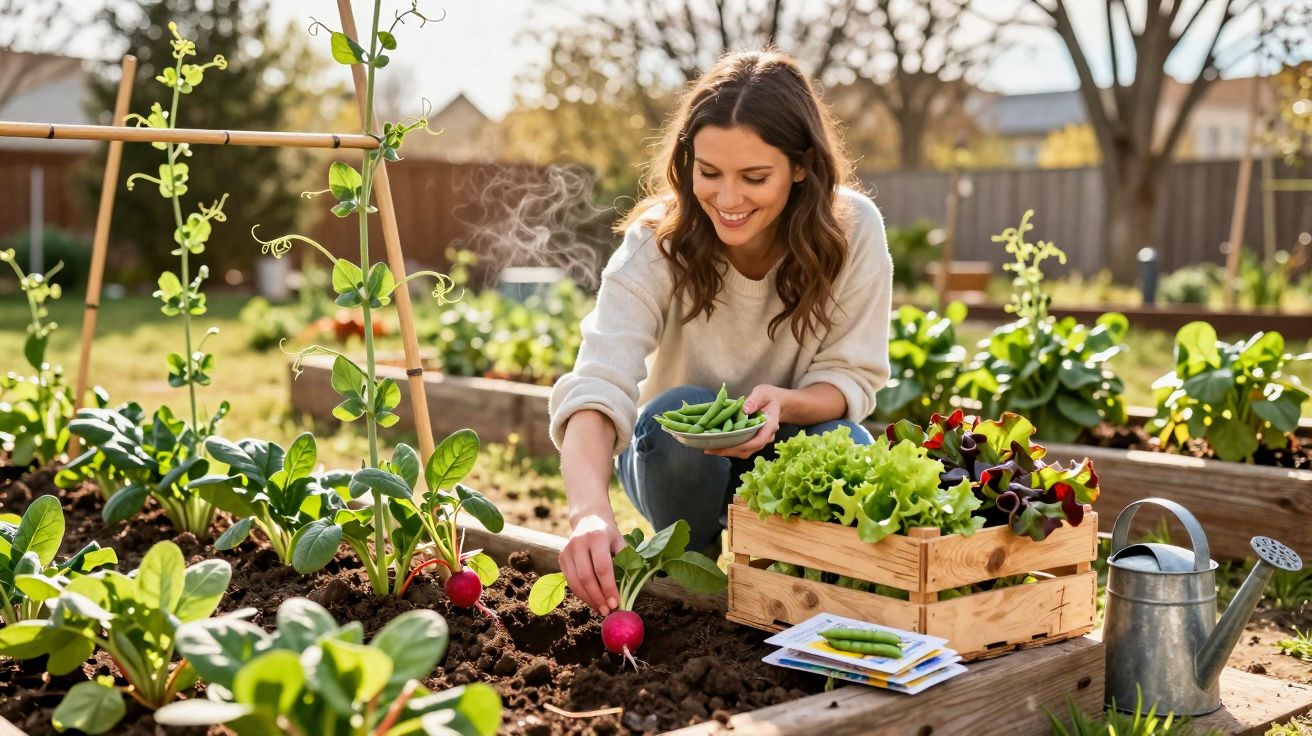 Mulher colhendo verduras em jardim comunitário com caixa de legumes frescos ao lado em dia ensolarado.