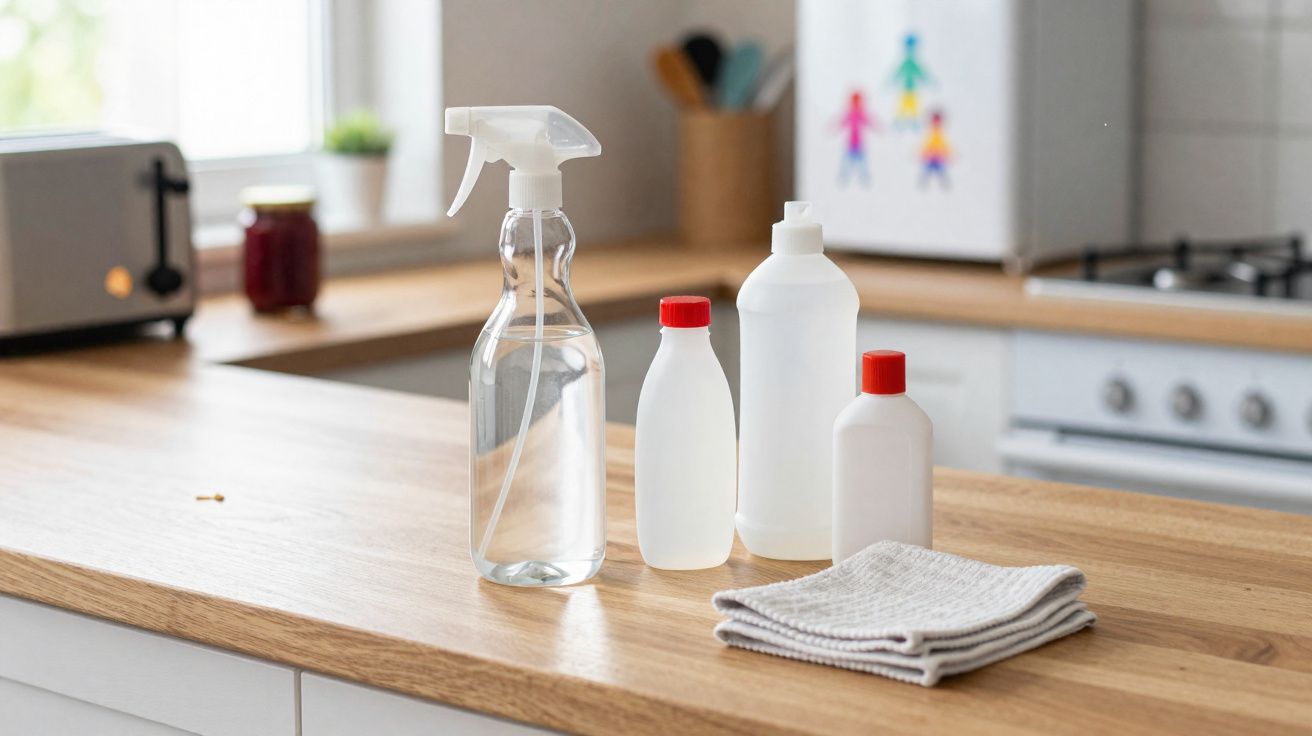Frascos de produtos de limpeza e pano sobre bancada de madeira em cozinha iluminada por janela.