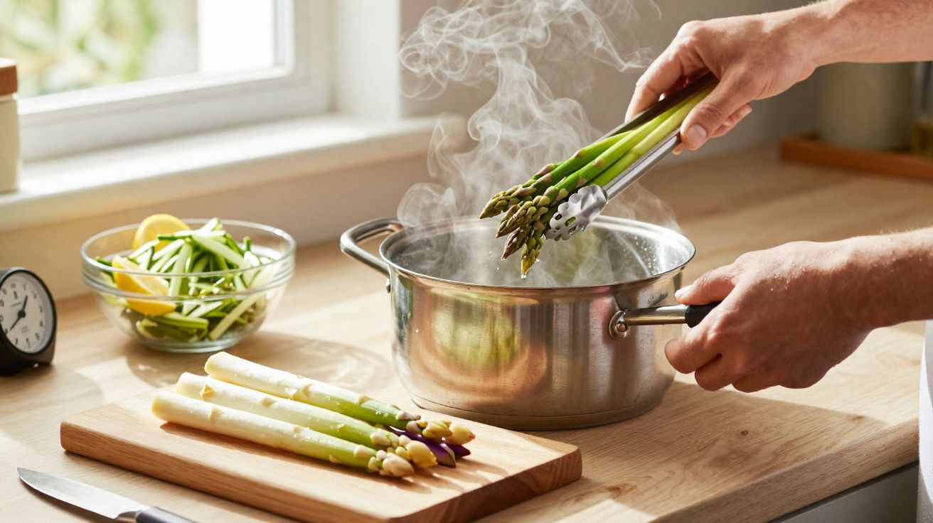 Mãos colocando aspargos verdes em panela de inox com vapor sobre fogão em cozinha iluminada.