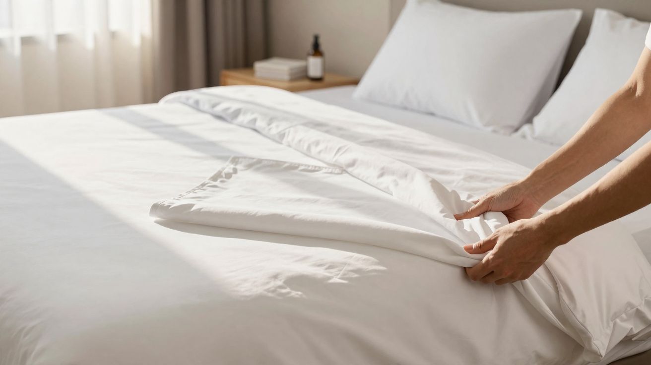 Pessoa arrumando cama com lençóis brancos em quarto iluminado por luz natural.