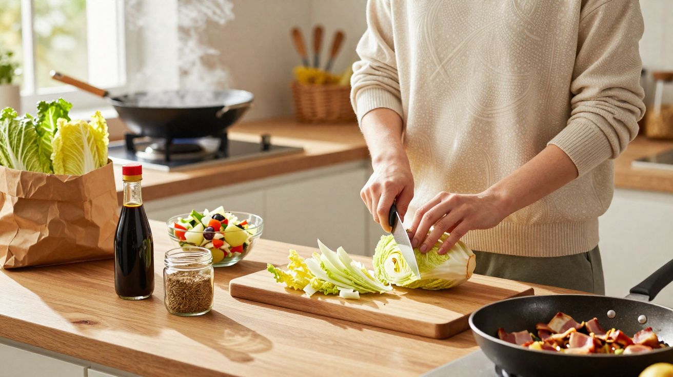 Pessoa cortando acelga em tábua na cozinha com ingredientes e panelas ao fundo em ambiente iluminado.