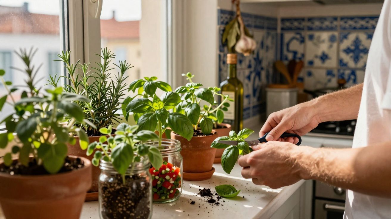 Pessoa colhendo folhas de manjericão em vasos na janela de cozinha com luz natural.