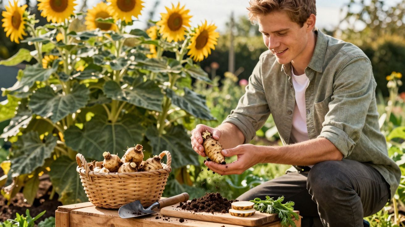 Homem colhendo raízes em jardim ao ar livre com girassóis ao fundo em dia ensolarado.