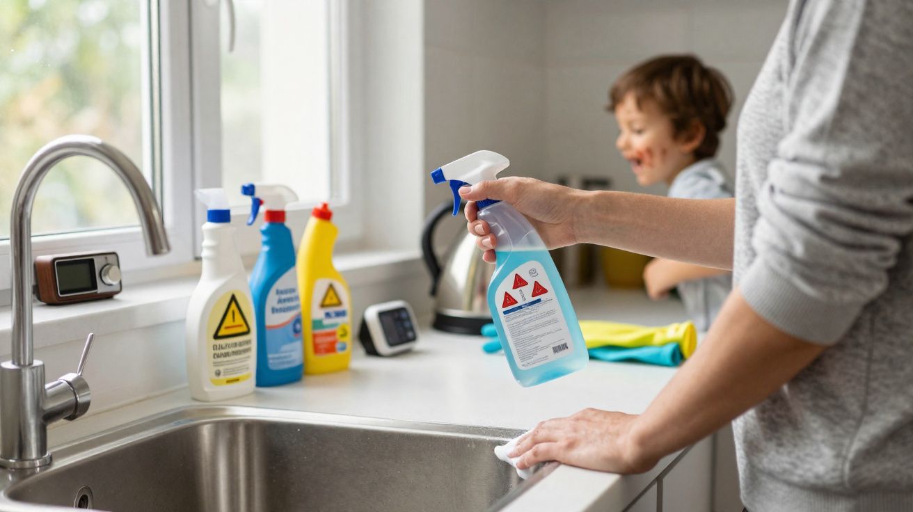 Pessoa limpando pia de cozinha com produtos de limpeza enquanto criança brinca ao fundo.