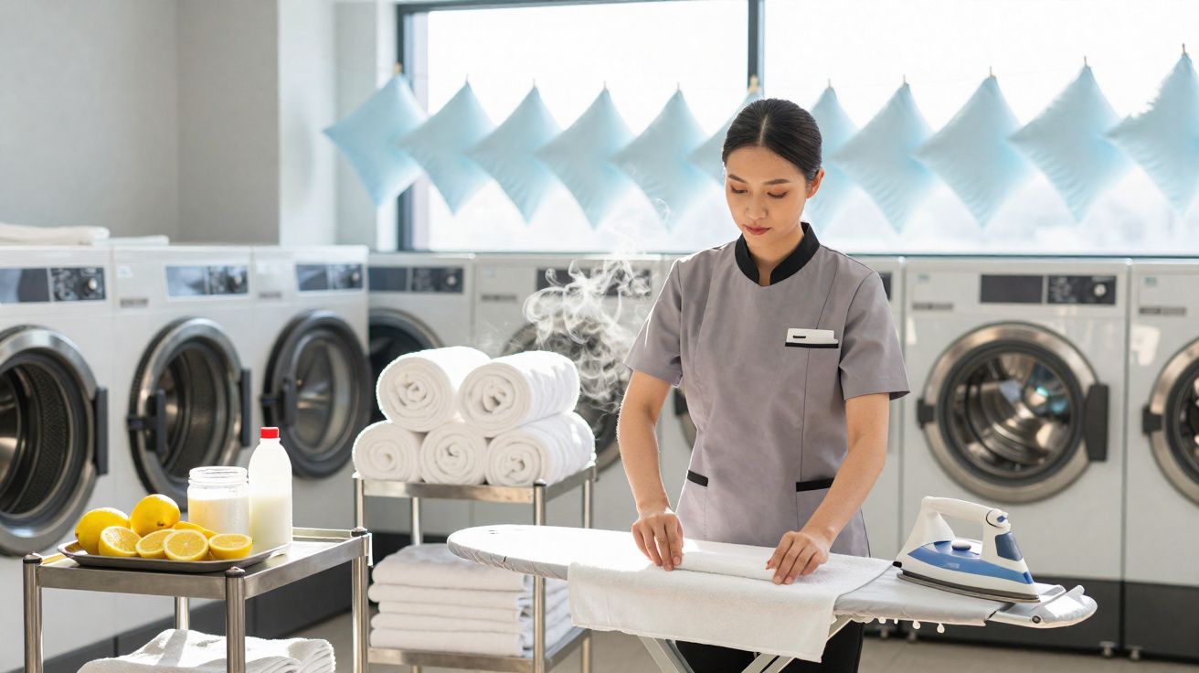 Funcionária passando roupa branca em lavanderia com máquinas, toalhas e limões ao fundo.