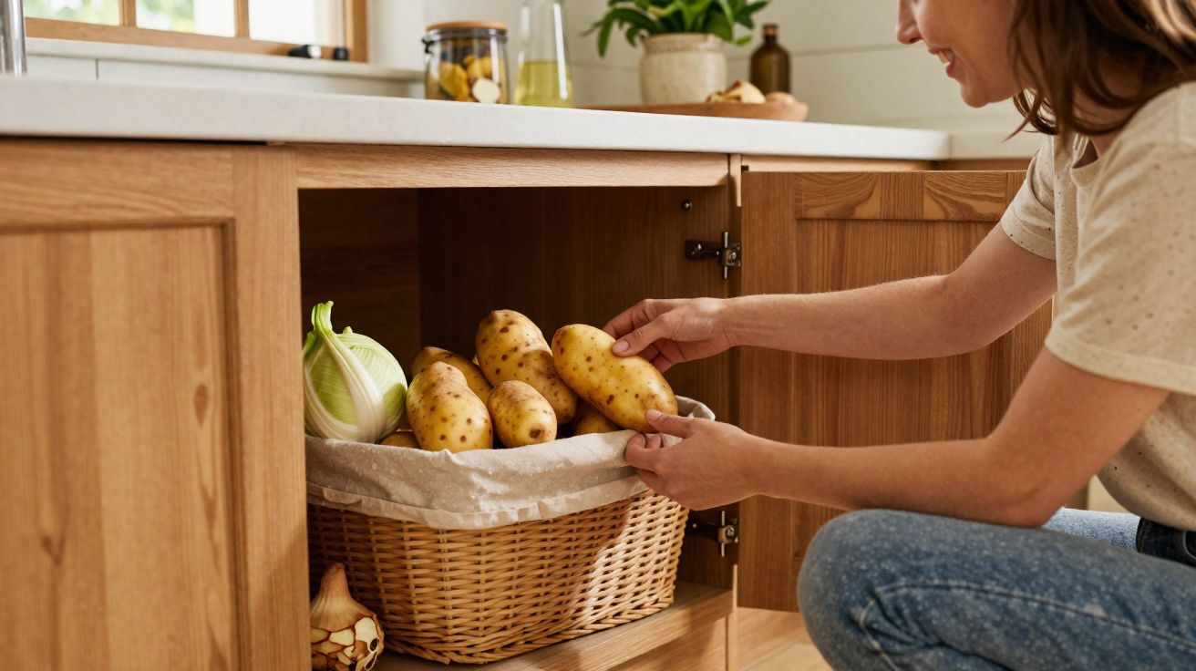 Pessoa guardando batatas em cesta dentro de armário de cozinha com detalhes em madeira.