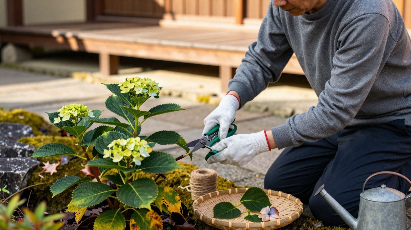 Pessoa podando flores amarelas de hortênsia no jardim com tesoura de poda e luvas brancas.