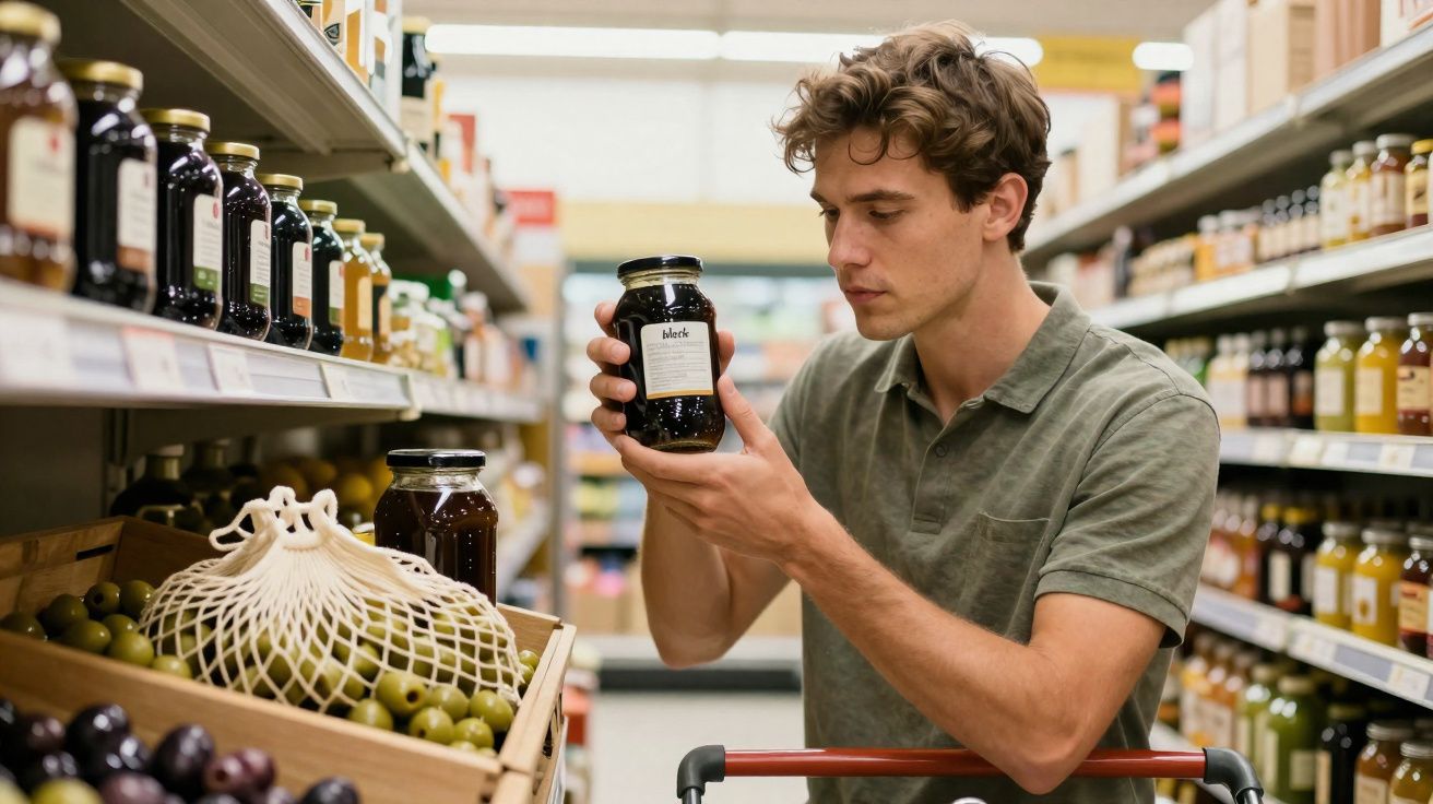 Homem analisando um pote de geleia em corredor de supermercado, ao lado de cesto com frutas e carrinho.