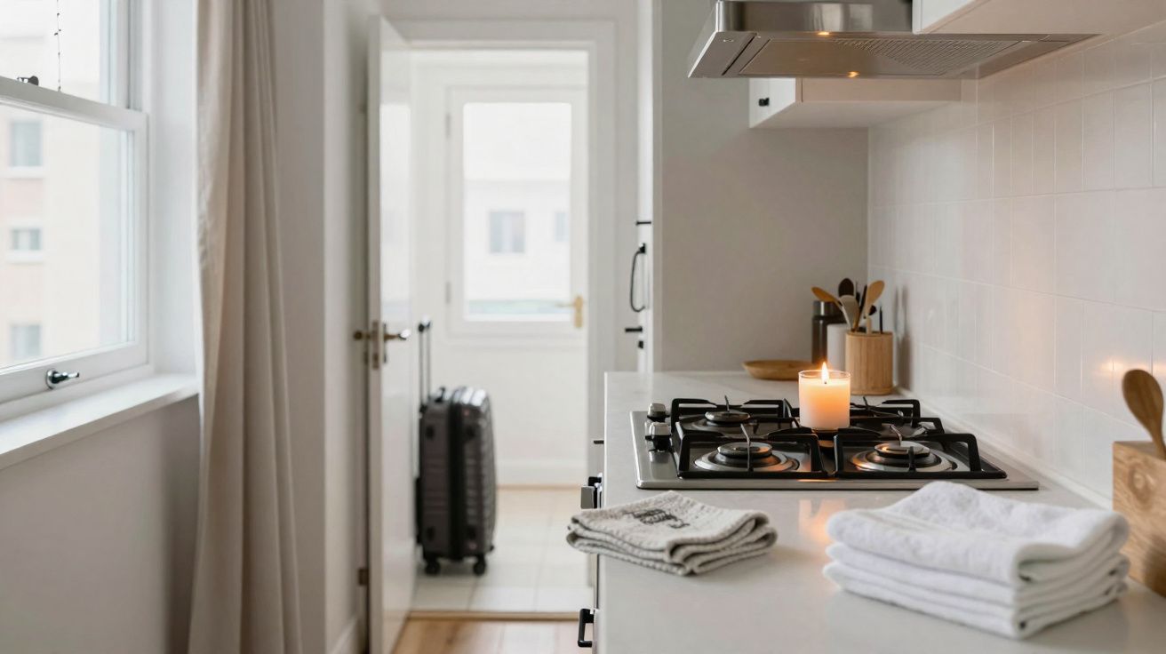 Cozinha clara e minimalista com fogão, vela acesa e toalhas dobradas, com porta aberta e mala ao fundo.