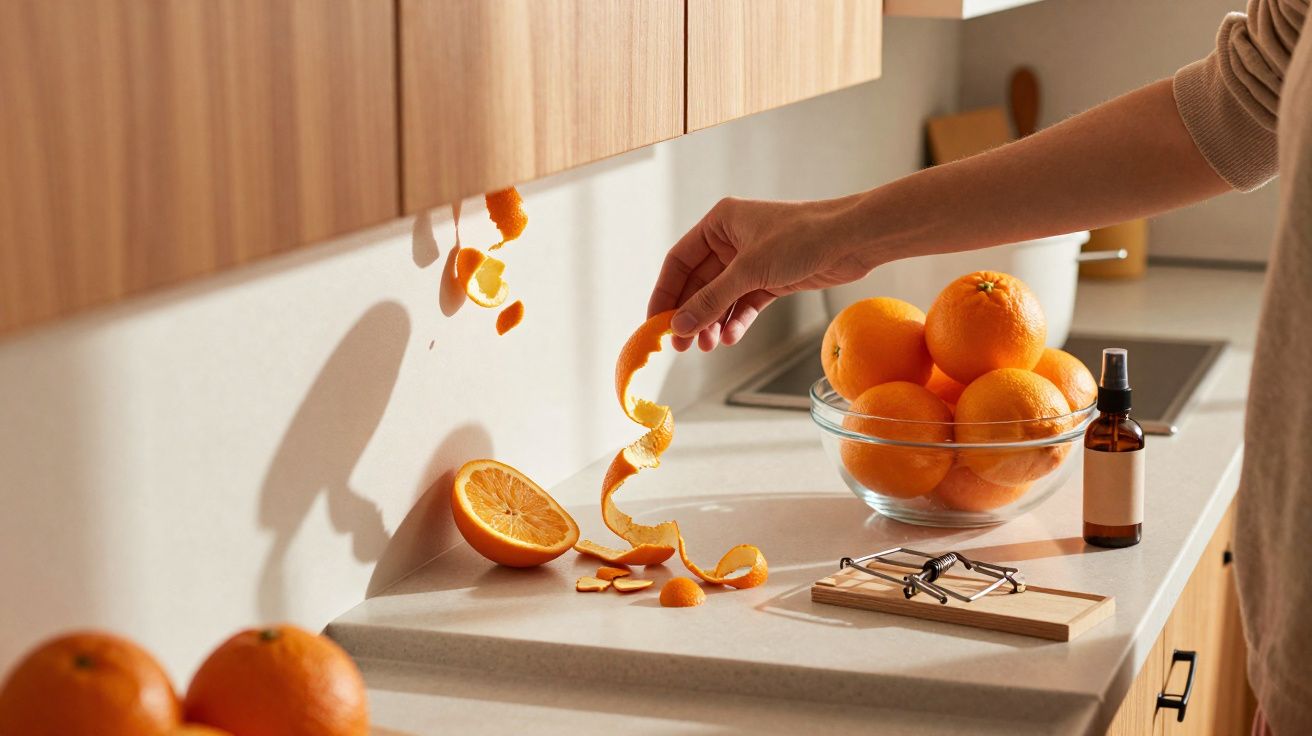 Pessoa descascando uma laranja na cozinha com frutas e objetos sobre a bancada clara.