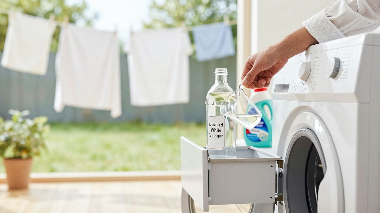 Pessoa usando vinagre branco destilado na máquina de lavar roupas com roupas penduradas ao fundo.