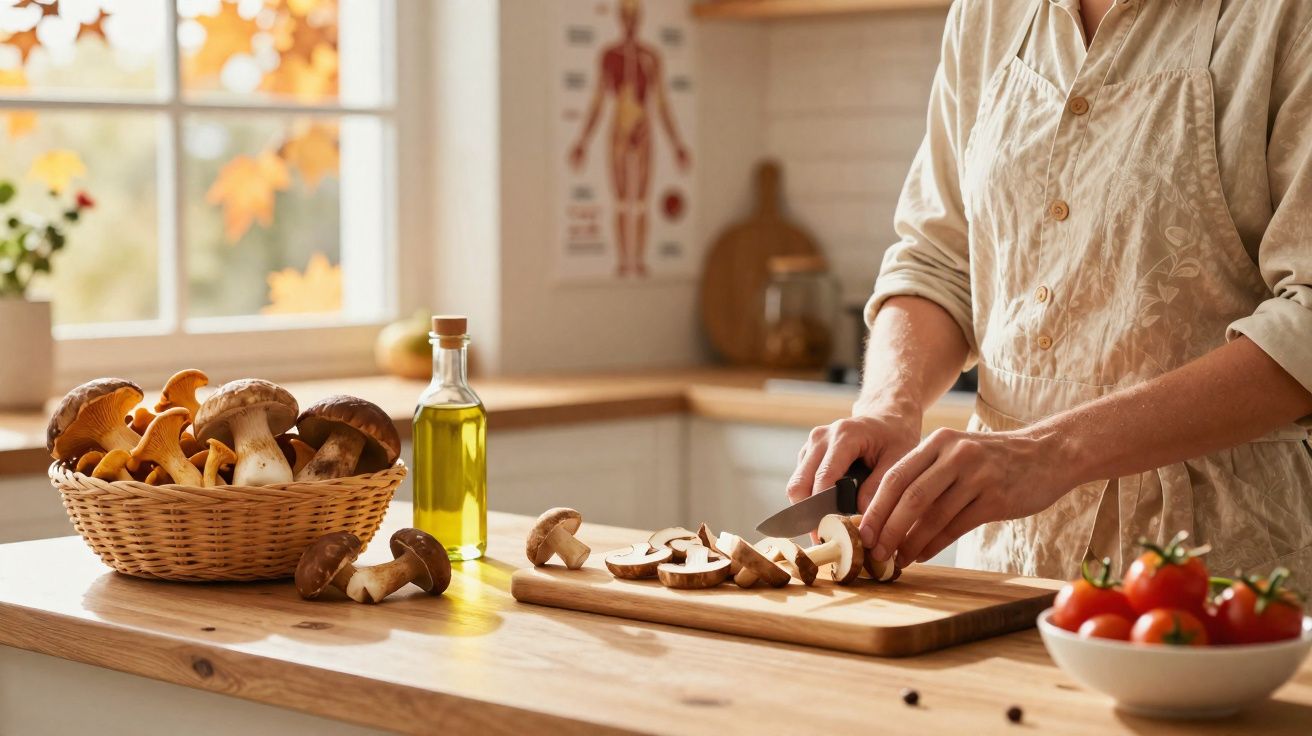 Pessoa fatiando cogumelos em tábua de madeira com cesta de cogumelos, azeite e tomate na bancada da cozinha.