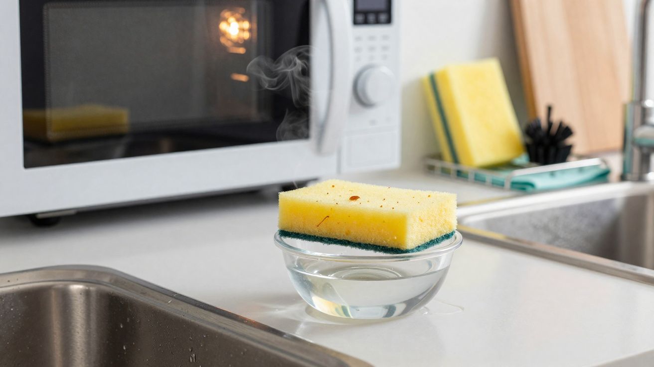Esponja de limpeza amarela com fundo verde apoiada em tigela de vidro com água na bancada de cozinha.