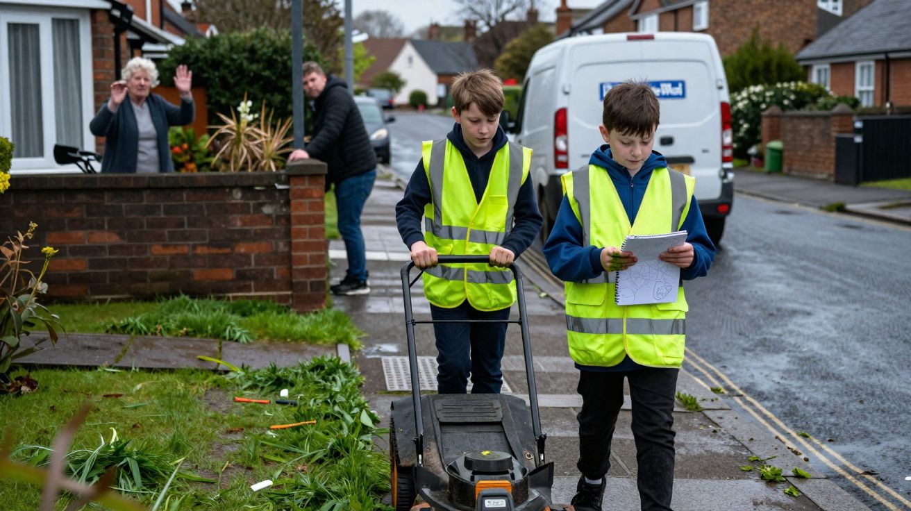 Dois meninos com coletes refletivos cortam grama e anotam em caderno em calçada de bairro residencial.