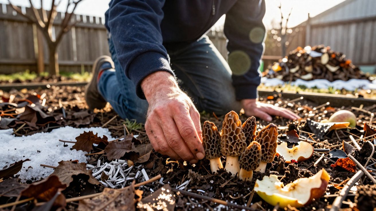 Pessoa colhendo cogumelos morchella na terra com folhas secas e neve ao redor em jardim ensolarado.